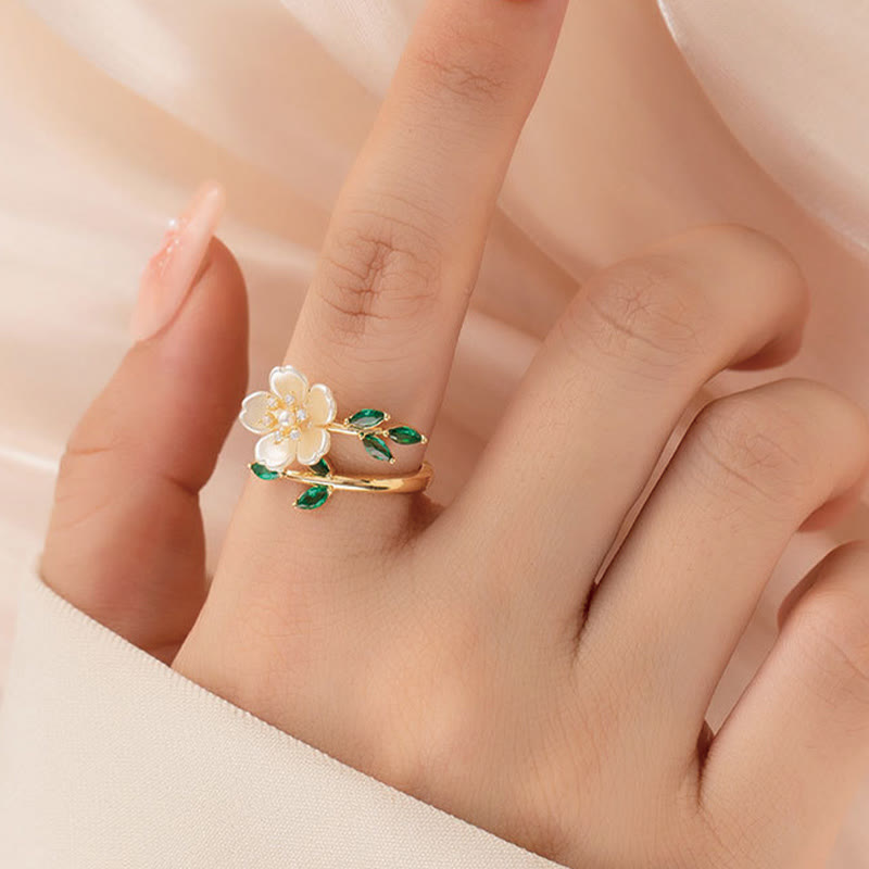 Buddha Stones Pearl Flower Zircon Leaves Happiness Wealth Adjustable Ring - image 4