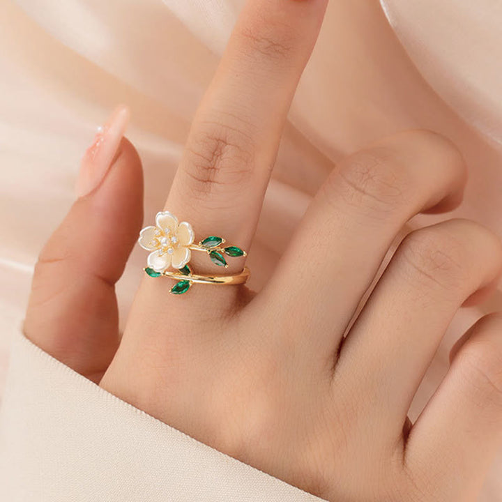 Buddha Stones Pearl Flower Zircon Leaves Happiness Wealth Adjustable Ring - image 4