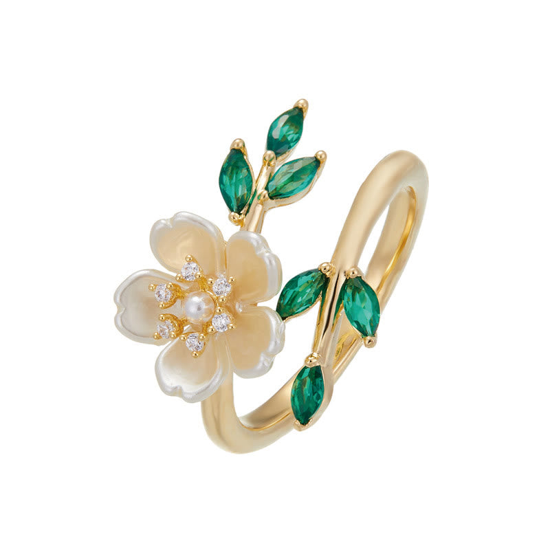 Buddha Stones Pearl Flower Zircon Leaves Happiness Wealth Adjustable Ring - image 7