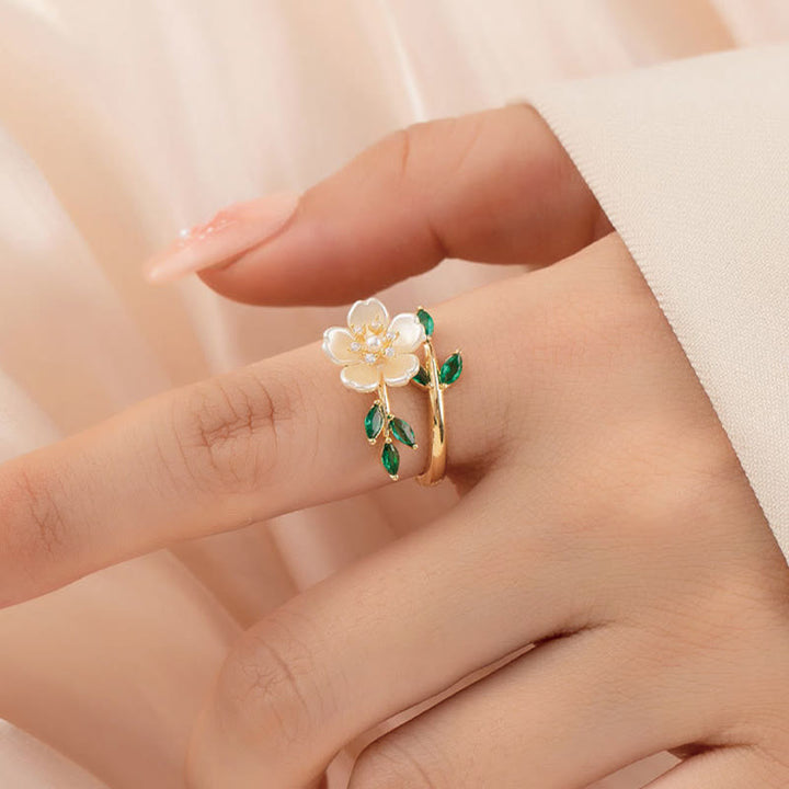 Buddha Stones Pearl Flower Zircon Leaves Happiness Wealth Adjustable Ring - image 3