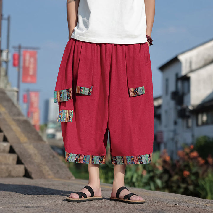 Buddha Stones Summer Ethnic 7-8 Length Cropped Cotton Men's Wide Leg Pants With Pockets - Crimson - US/UK/AU46,EU56 (5XL) - image 13