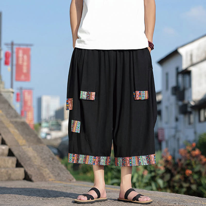 Buddha Stones Summer Ethnic 7-8 Length Cropped Cotton Men's Wide Leg Pants With Pockets - Black - US/UK/AU46,EU56 (5XL) - image 0
