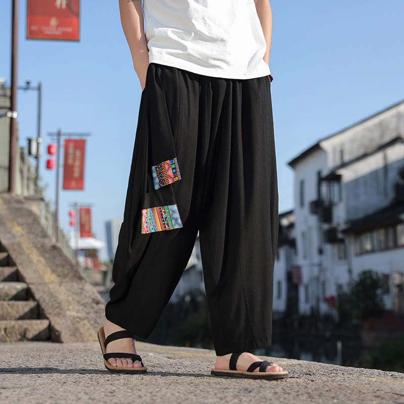 Buddha Stones Simple Patchwork Design Drawstring Soft Cotton Men's Wide Leg Pants With Pockets - Black - US/UK/AU46,EU56 (5XL) - image 11