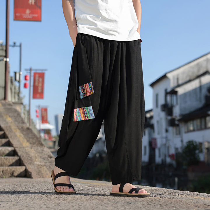 Buddha Stones Simple Patchwork Design Drawstring Soft Cotton Men's Wide Leg Pants With Pockets - Black - US/UK/AU46,EU56 (5XL) - image 11