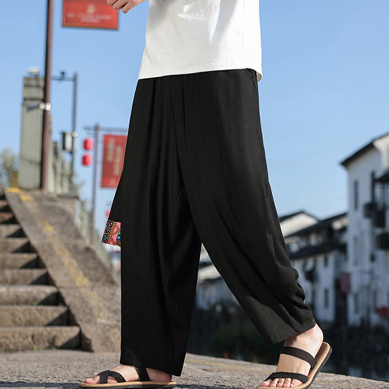 Buddha Stones Simple Patchwork Design Drawstring Soft Cotton Men's Wide Leg Pants With Pockets - image 13