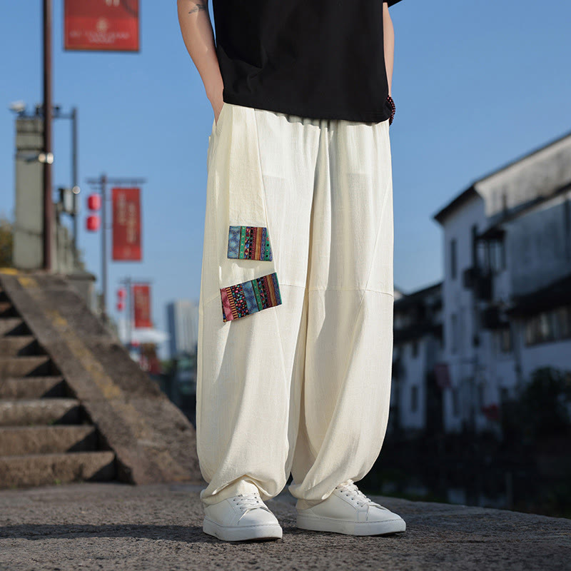 Buddha Stones Simple Patchwork Design Drawstring Soft Cotton Men's Wide Leg Pants With Pockets - image 9