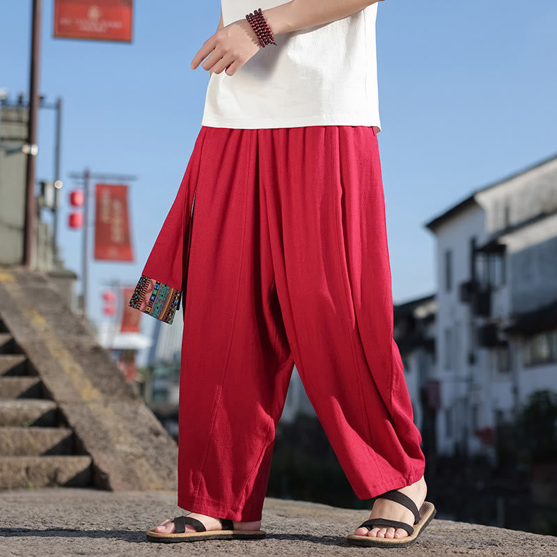 Buddha Stones Simple Patchwork Design Drawstring Soft Cotton Men's Wide Leg Pants With Pockets - Crimson - US/UK/AU46,EU56 (5XL) - image 26