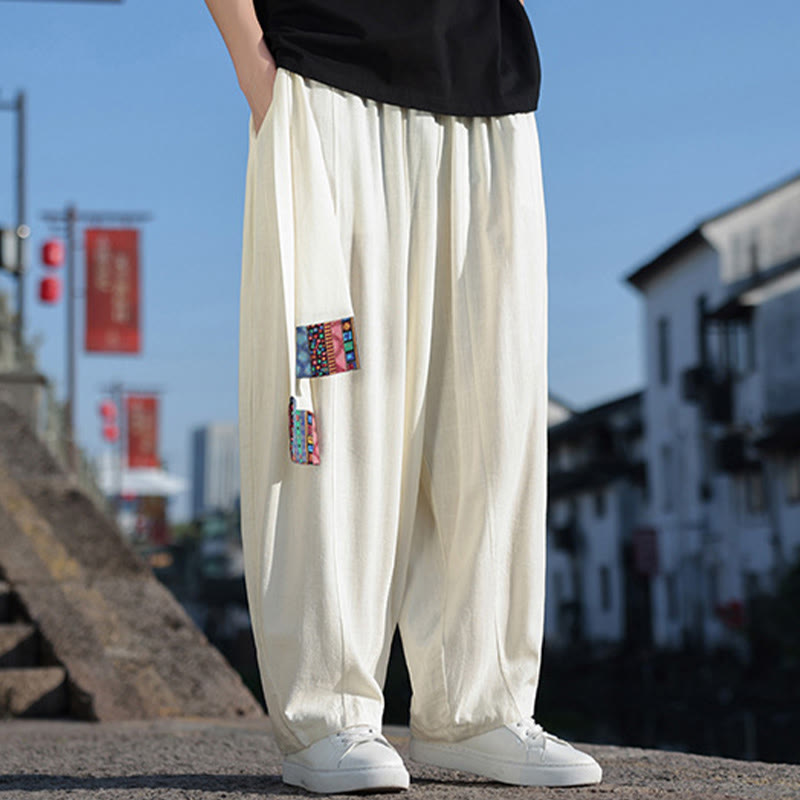 Buddha Stones Simple Patchwork Design Drawstring Soft Cotton Men's Wide Leg Pants With Pockets - image 10