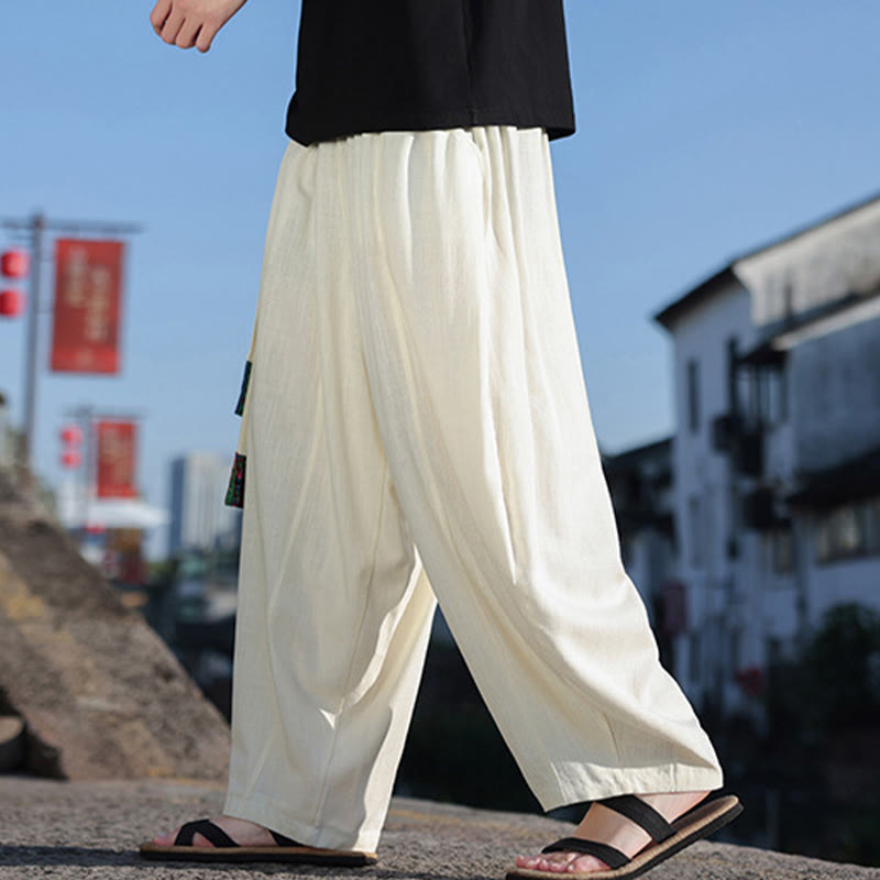 Buddha Stones Simple Patchwork Design Drawstring Soft Cotton Men's Wide Leg Pants With Pockets - image 3