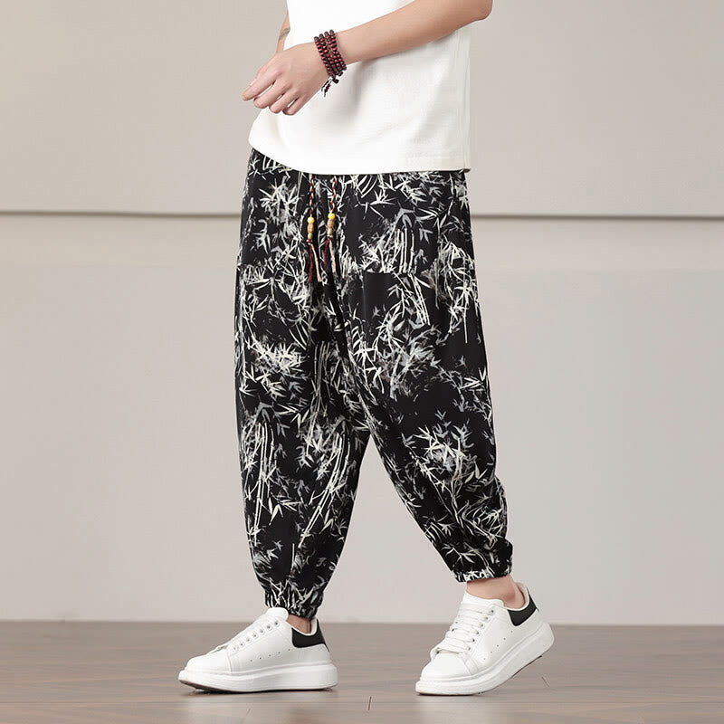 Buddha Stones Bamboo Leaf Pattern Drawstring Men's Harem Pants With Pockets - Black - US/UK/AU46,EU56 (5XL) - image 10