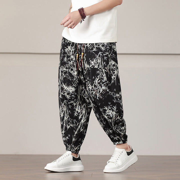 Buddha Stones Bamboo Leaf Pattern Drawstring Men's Harem Pants With Pockets - Black - US/UK/AU46,EU56 (5XL) - image 10