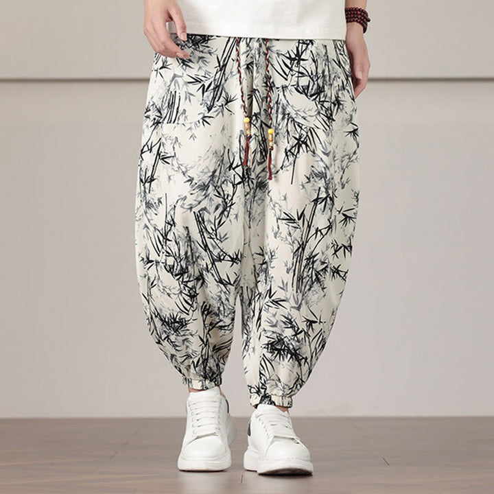 Buddha Stones Bamboo Leaf Pattern Drawstring Men's Harem Pants With Pockets - Beige - US/UK/AU46,EU56 (5XL) - image 0