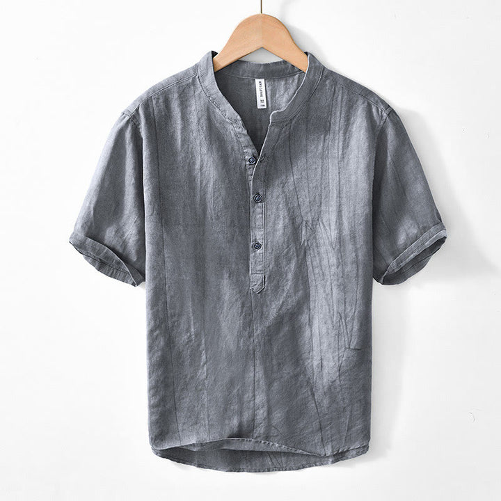 Buddha Stones Half Button Short Sleeve V-neck Ramie Cotton Men's Shirt - DimGray - US/UK/AU44,EU54 (4XL) - image 0