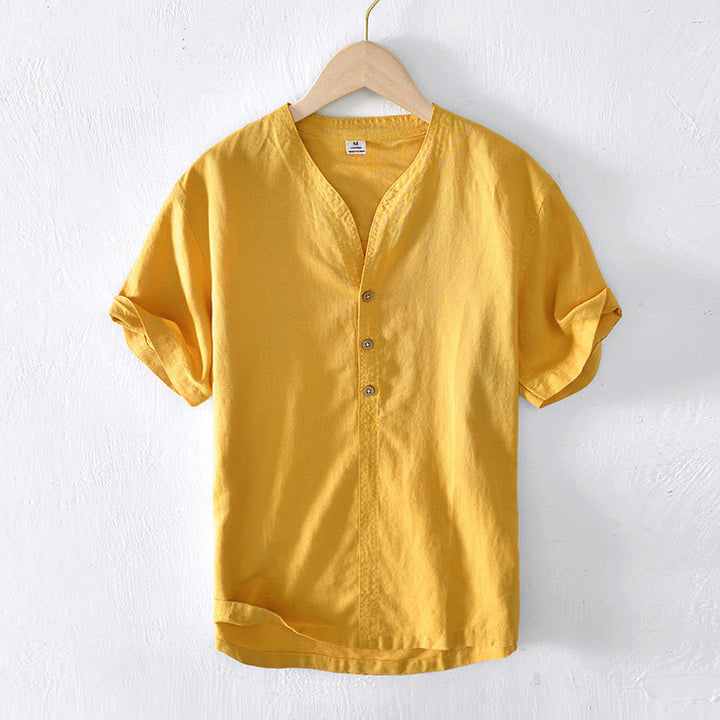 Buddha Stones Summer Stand Collar Short Sleeve Cotton Linen Half Button Men's Shirt - Gold - US/UK/AU42,EU52 (3XL) - image 13