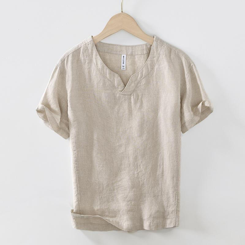 Buddha Stones Casual Plain V-neck Short Sleeve Linen Men's Shirt - PaleGoldenrod - US/UK/AU42,EU52 (3XL) - image 0