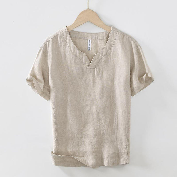 Buddha Stones Casual Plain V-neck Short Sleeve Linen Men's Shirt - PaleGoldenrod - US/UK/AU42,EU52 (3XL) - image 0