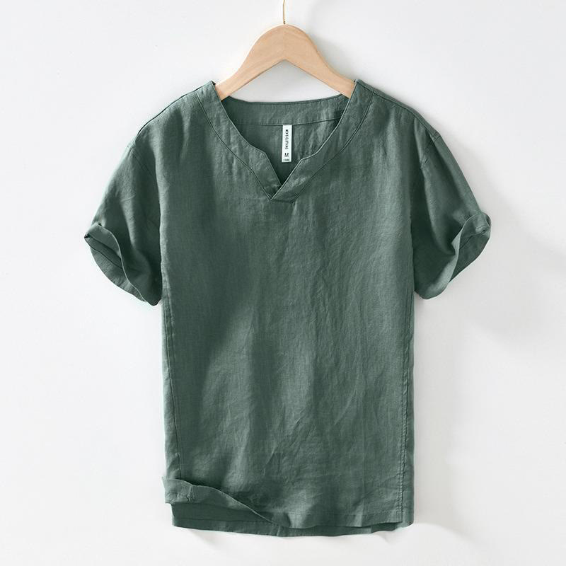 Buddha Stones Casual Plain V-neck Short Sleeve Linen Men's Shirt - SeaGreen - US/UK/AU42,EU52 (3XL) - image 11