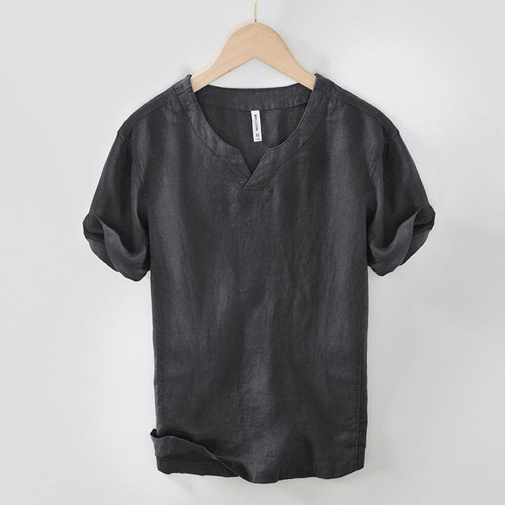 Buddha Stones Casual Plain V-neck Short Sleeve Linen Men's Shirt - DimGray - US/UK/AU42,EU52 (3XL) - image 16