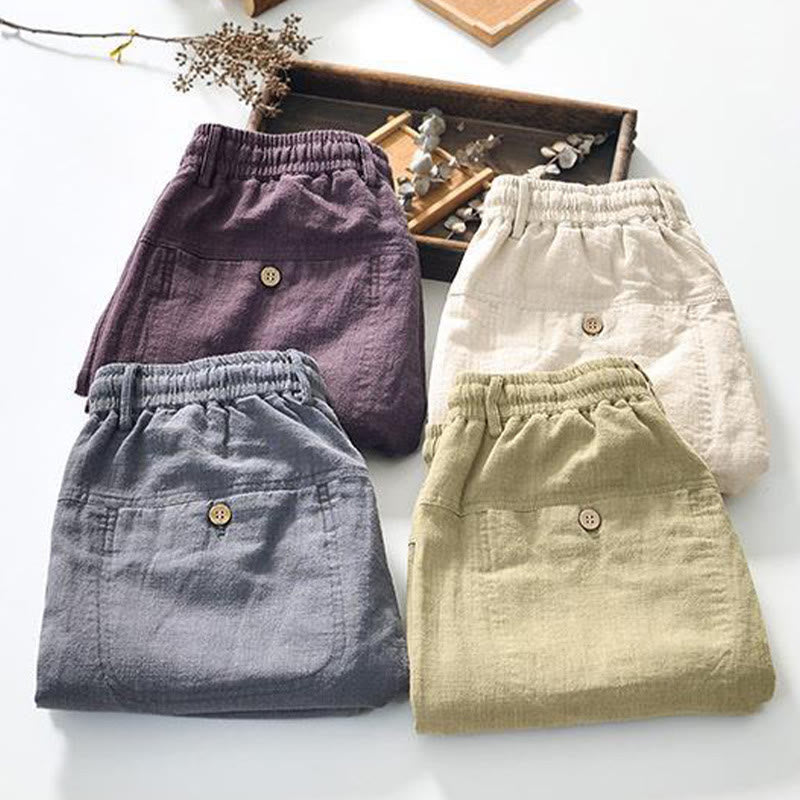 Buddha Stones Drawstring Simple Design 7-8 Length Cotton Linen Men's Pants With Pockets - image 20