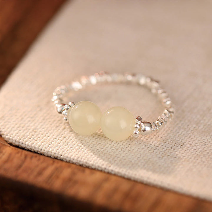 Buddha Stones 925 Sterling Silver Natural Small Hetian Jade Bead Luck Elastic Ring - Two Jades(Elastic String) - image 8