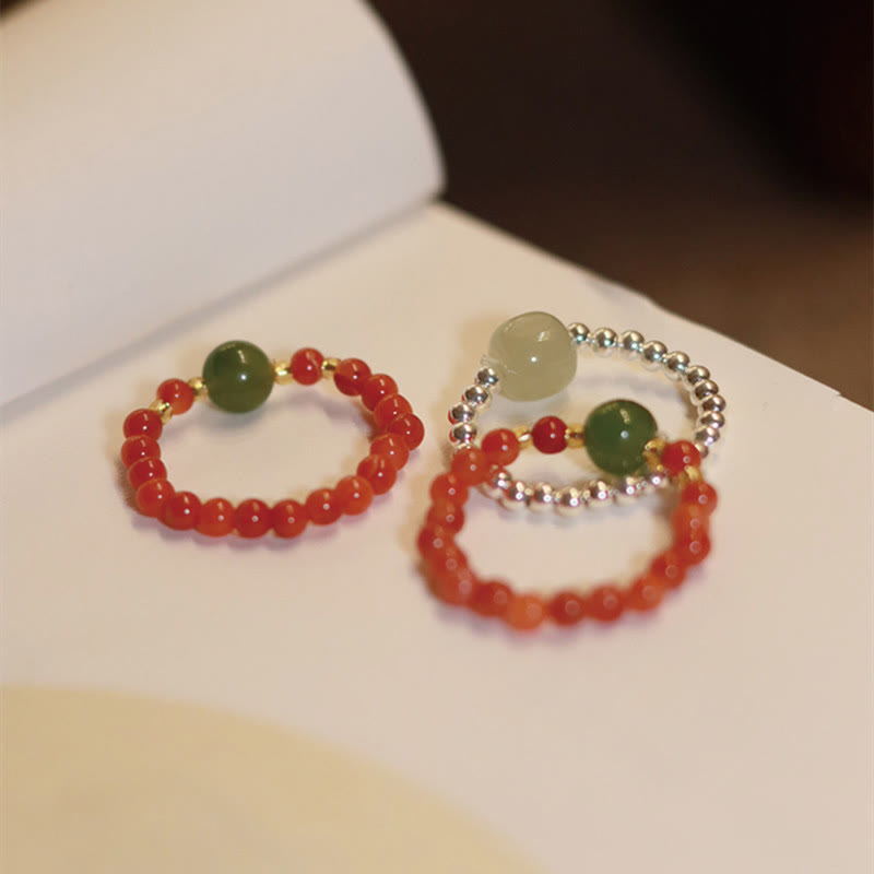Buddha Stones 925 Sterling Silver Natural Small Hetian Jade Red Agate Pearl Bead Prosperity Elastic Ring - image 11