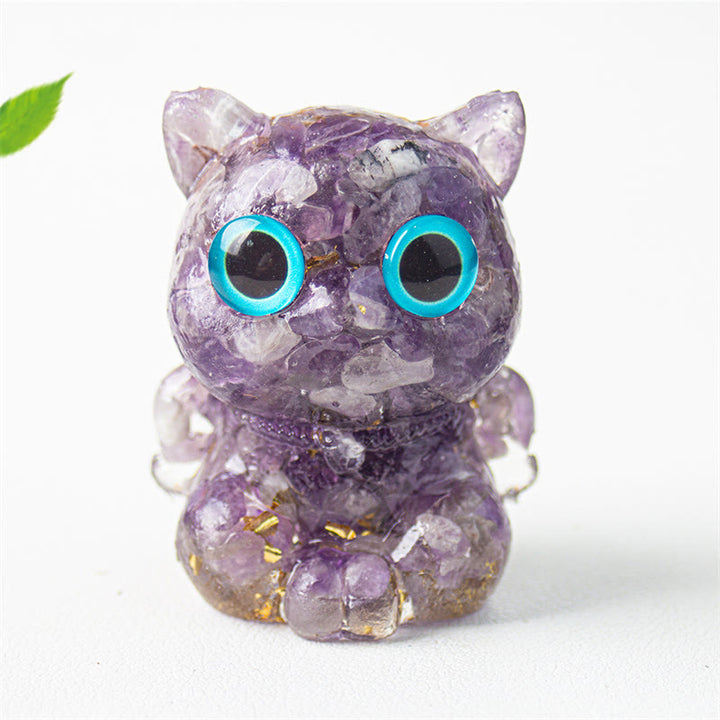 Buddha Stones Cute Cat Lazurite Amethyst Black Obsidian Aquamarine Crystal Resin Positive Home Decoration - Amethyst 5.5*4.5*3.5cm - image 7