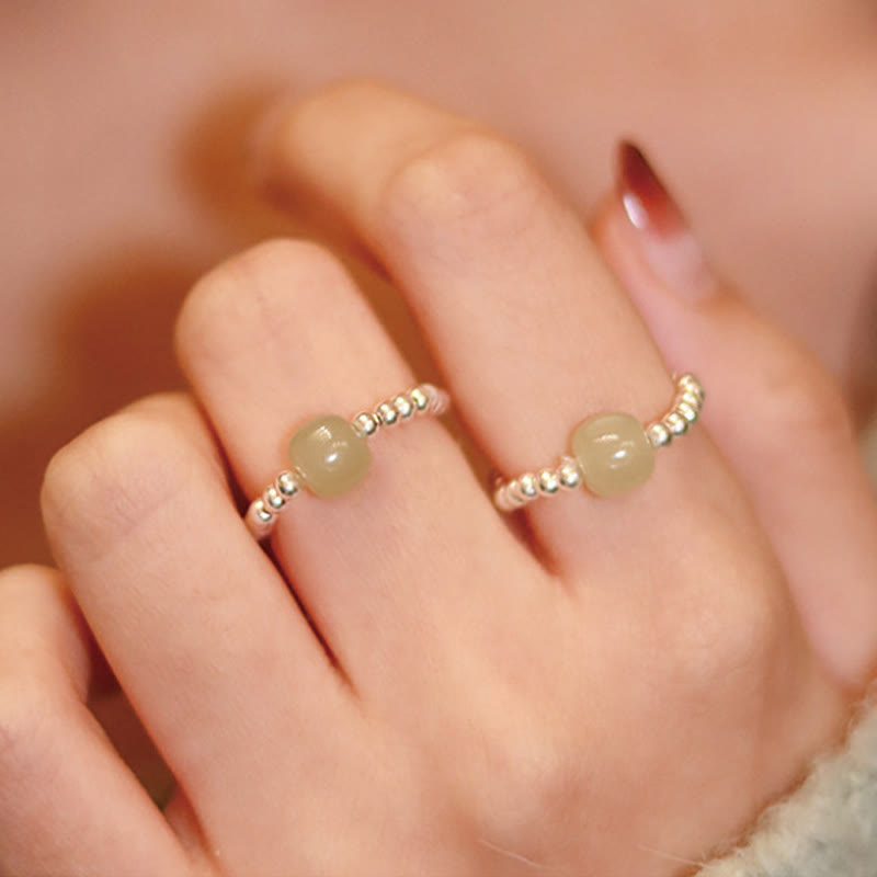 Buddha Stones 925 Sterling Silver Natural Small Hetian Jade Red Agate Pearl Bead Prosperity Elastic Ring - image 2