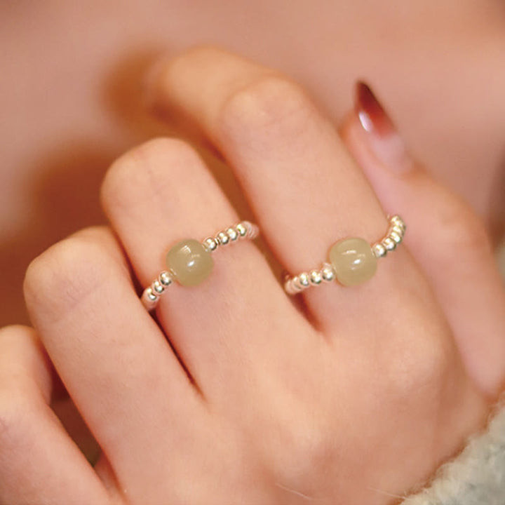 Buddha Stones 925 Sterling Silver Natural Small Hetian Jade Red Agate Pearl Bead Prosperity Elastic Ring - image 2