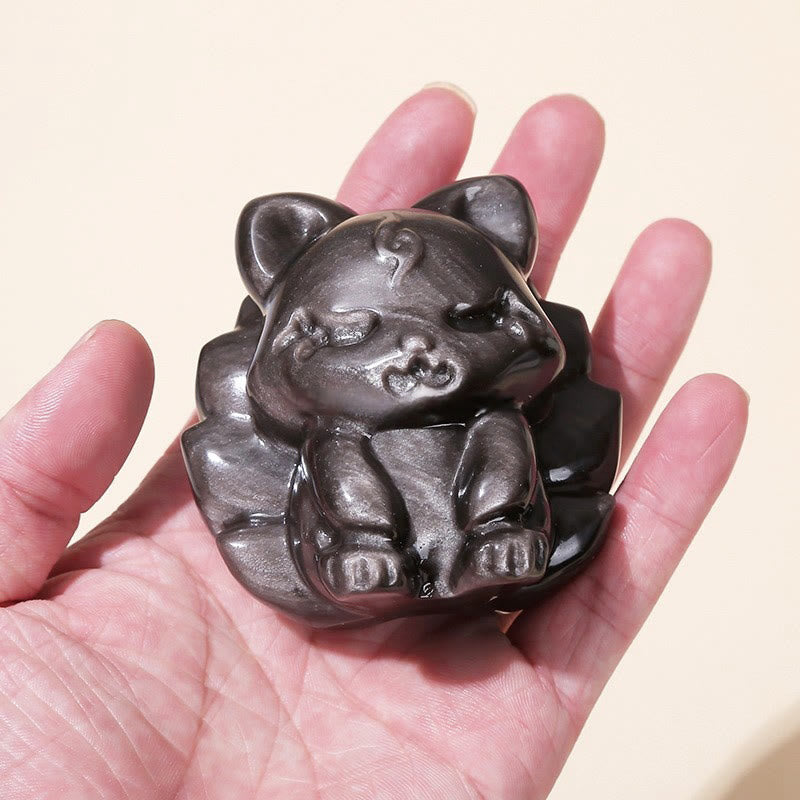 Buddha Stones Natural Silver Sheen Obsidian Nine Tailed Fox Protection Home Decoration - image 4