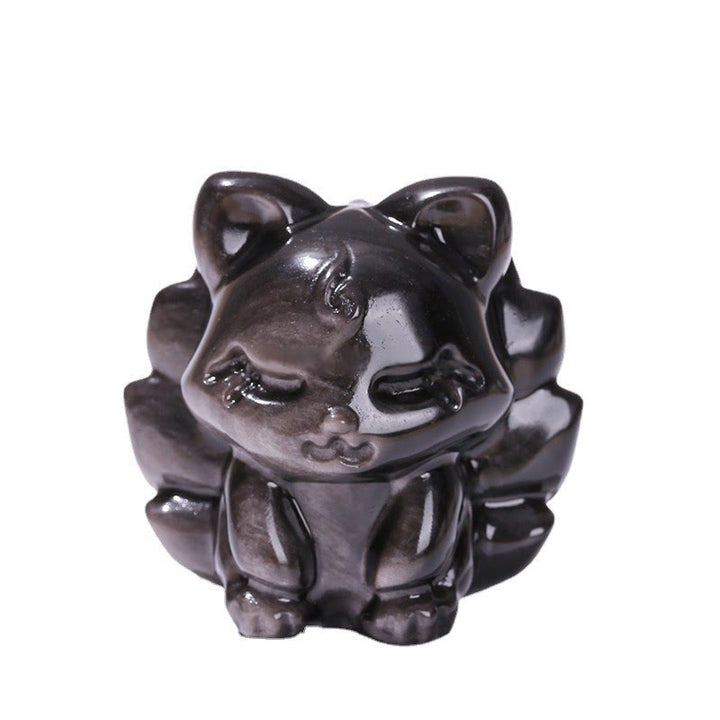 Buddha Stones Natural Silver Sheen Obsidian Nine Tailed Fox Protection Home Decoration - image 9