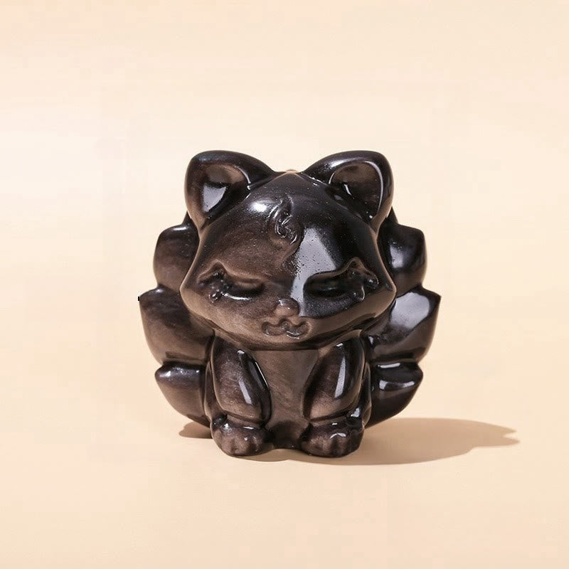 Buddha Stones Natural Silver Sheen Obsidian Nine Tailed Fox Protection Home Decoration - image 8