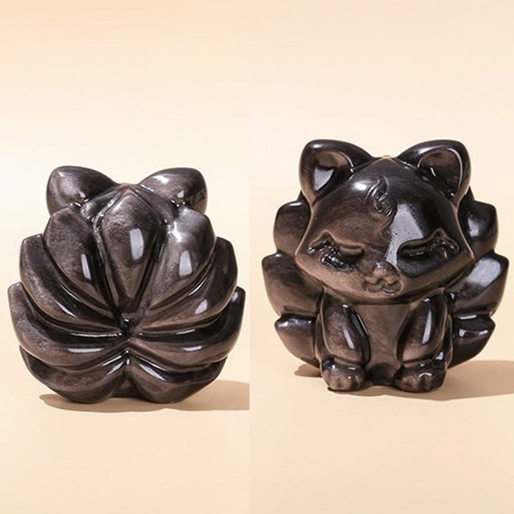 Buddha Stones Natural Silver Sheen Obsidian Nine Tailed Fox Protection Home Decoration - image 3