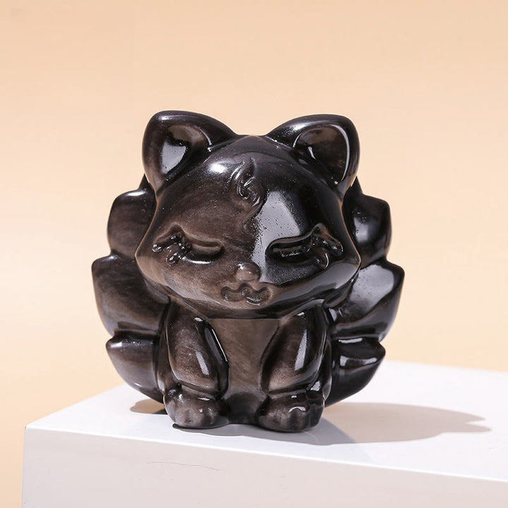 Buddha Stones Natural Silver Sheen Obsidian Nine Tailed Fox Protection Home Decoration - Silver Sheen Obsidian Fox 7*6.8*5cm - image 0