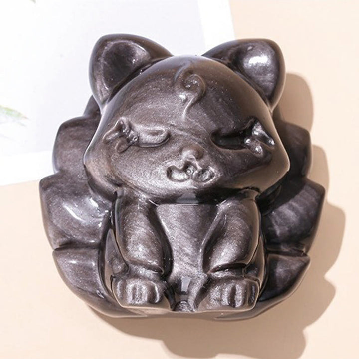 Buddha Stones Natural Silver Sheen Obsidian Nine Tailed Fox Protection Home Decoration - image 7