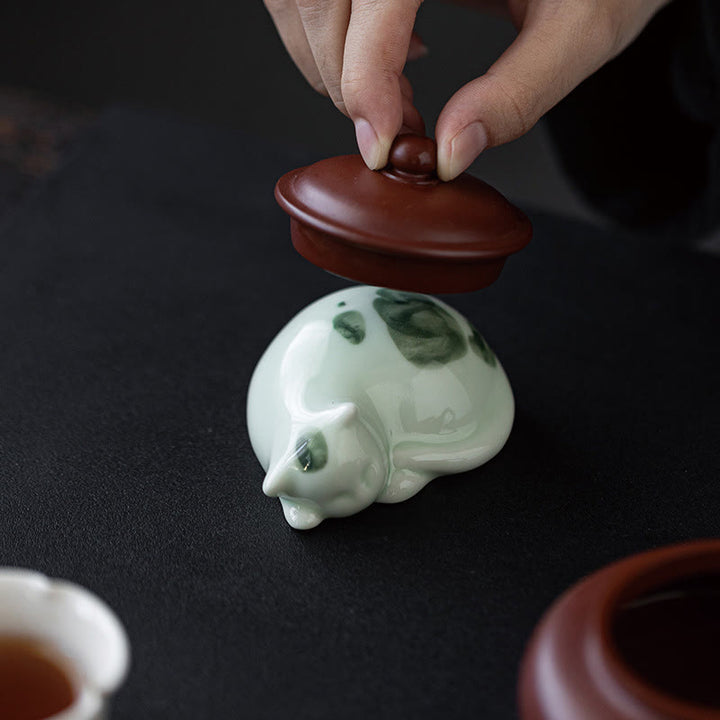 Buddha Stones Mini Lucky Cute Spotted Standing Cat Sleeping Kitten Ceramic Figurine Decoration - image 21