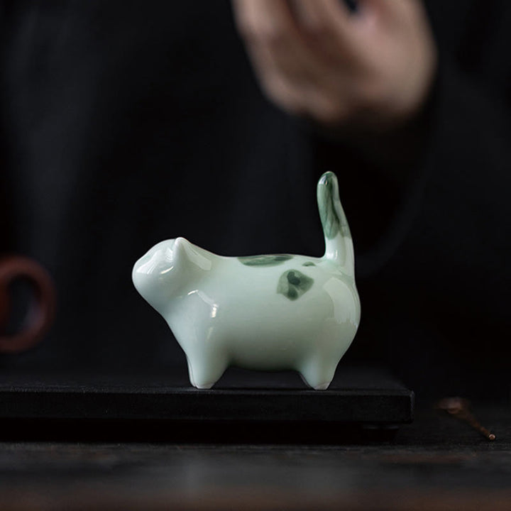 Buddha Stones Mini Lucky Cute Spotted Standing Cat Sleeping Kitten Ceramic Figurine Decoration - image 1