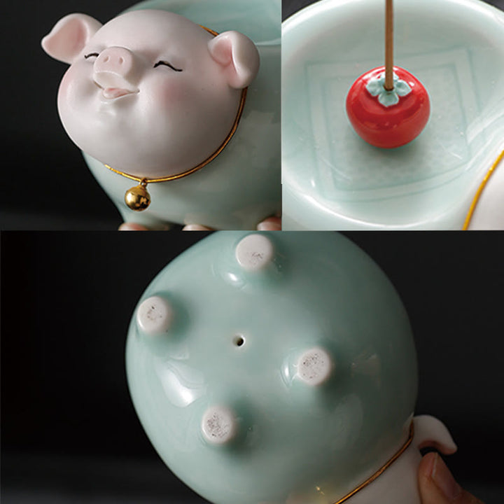 Buddha Stones Ceramic Little Pig Blessing Stick Incense Burner - image 8