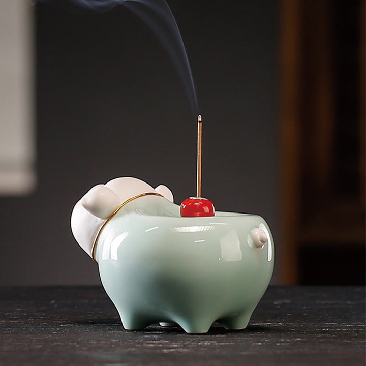 Buddha Stones Ceramic Little Pig Blessing Stick Incense Burner - image 5