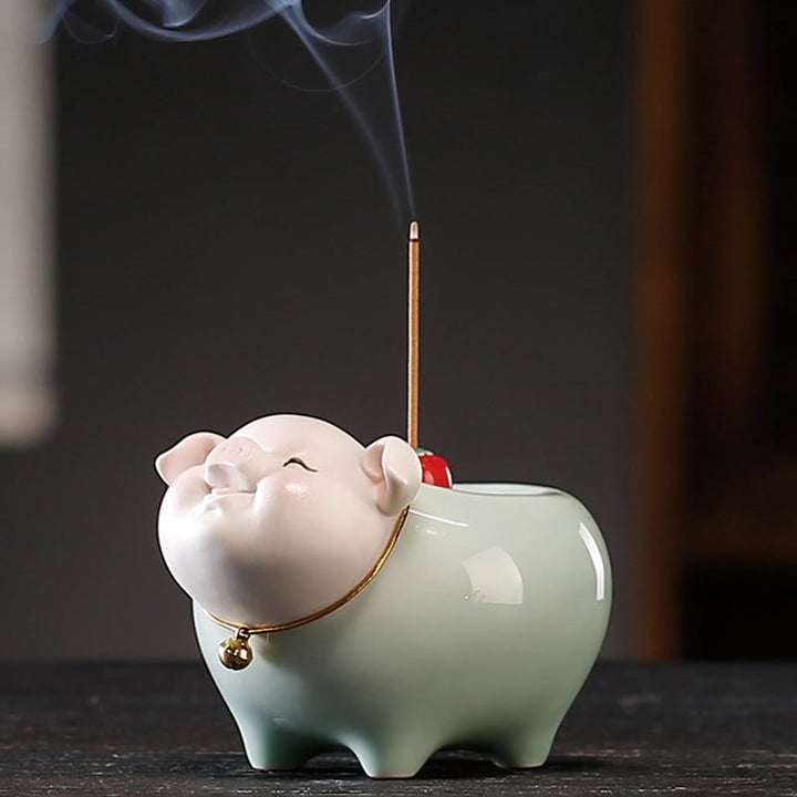 Buddha Stones Ceramic Little Pig Blessing Stick Incense Burner - image 7