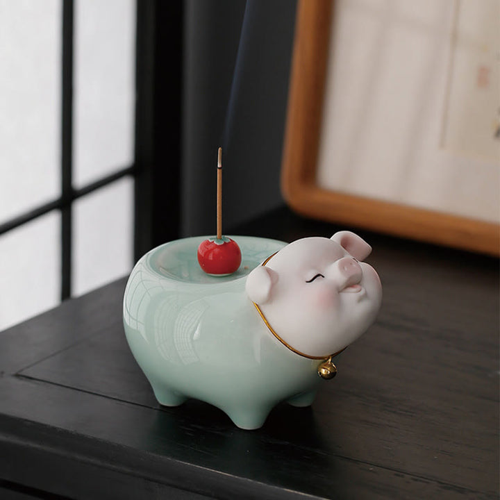 Buddha Stones Ceramic Little Pig Blessing Stick Incense Burner - image 2
