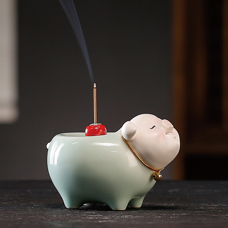 Buddha Stones Ceramic Little Pig Blessing Stick Incense Burner - image 6