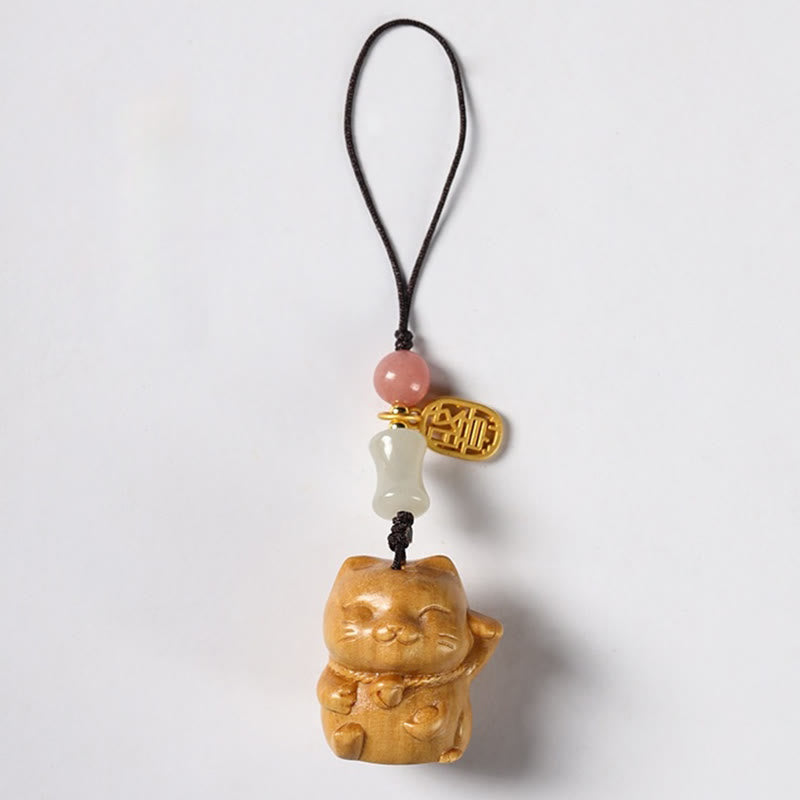 Buddha Stones Small Leaf Red Sandalwood Green Sandalwood Sandalwood Lucky Cat Protection Key Chain Phone Hanging Decoration - Sandalwood - Phone Hanging Decoration - image 18