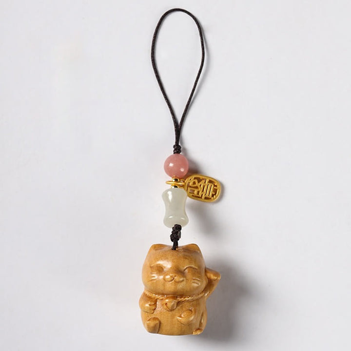 Buddha Stones Small Leaf Red Sandalwood Green Sandalwood Sandalwood Lucky Cat Protection Key Chain Phone Hanging Decoration - Sandalwood - Phone Hanging Decoration - image 18