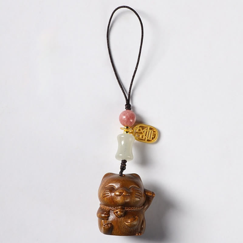 Buddha Stones Small Leaf Red Sandalwood Green Sandalwood Sandalwood Lucky Cat Protection Key Chain Phone Hanging Decoration - Green Sandalwood - Phone Hanging Decoration - image 13
