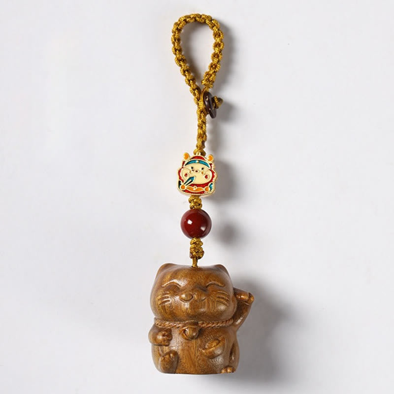 Buddha Stones Small Leaf Red Sandalwood Green Sandalwood Sandalwood Lucky Cat Protection Key Chain Phone Hanging Decoration - Green Sandalwood - Key Chain - image 12