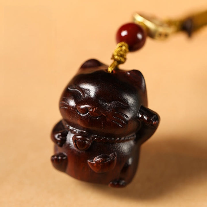 Buddha Stones Small Leaf Red Sandalwood Green Sandalwood Sandalwood Lucky Cat Protection Key Chain Phone Hanging Decoration - image 6