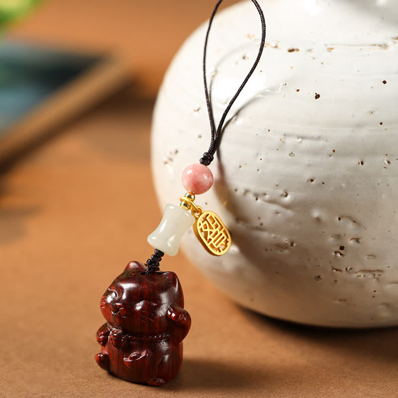 Buddha Stones Small Leaf Red Sandalwood Green Sandalwood Sandalwood Lucky Cat Protection Key Chain Phone Hanging Decoration - image 10