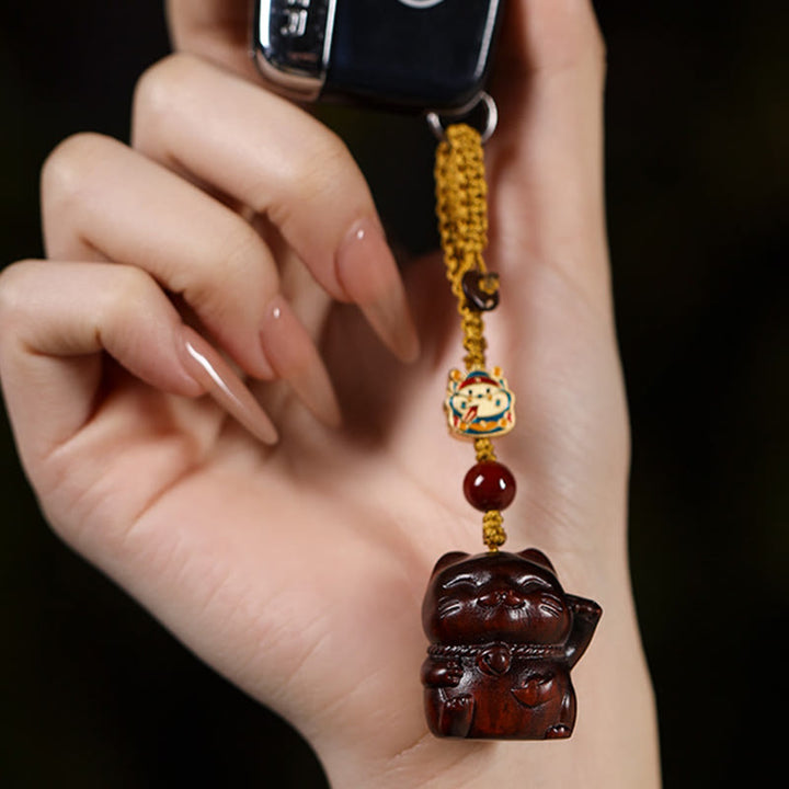 Buddha Stones Small Leaf Red Sandalwood Green Sandalwood Sandalwood Lucky Cat Protection Key Chain Phone Hanging Decoration - image 3