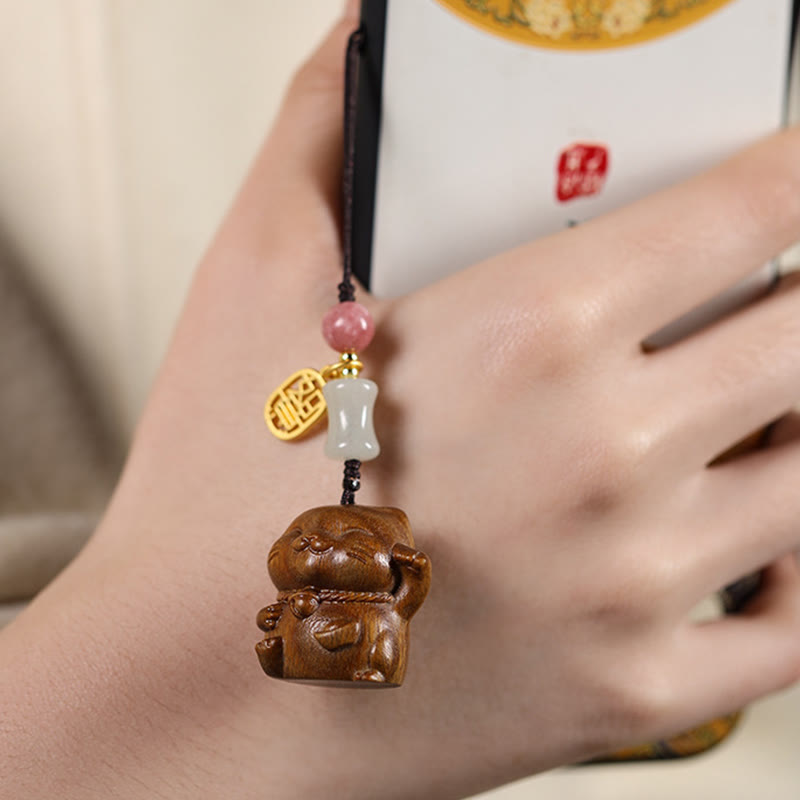 Buddha Stones Small Leaf Red Sandalwood Green Sandalwood Sandalwood Lucky Cat Protection Key Chain Phone Hanging Decoration - image 14