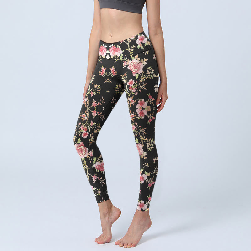 Buddha Stones Rose Flower Leaf Print Gym Leggings Women's Yoga Pants - Black - US18,UK/AU22,EU50 (4XL) - image 0